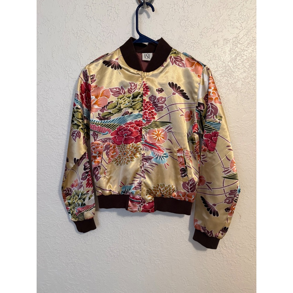 LSL Silk Blend Floral Bird Print Bomber Jacket Size 2 Zip Up Chinoiserie